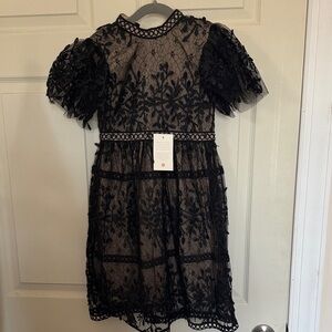 Girls Black Floral Lace Overlay Formal Dress with Puff Sleeves